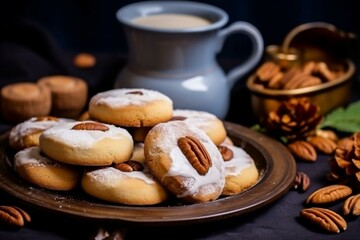 Close-up view of homemade nut cookies served with condensed milk, a classic Russian dessert ideal for tea. Generative AI