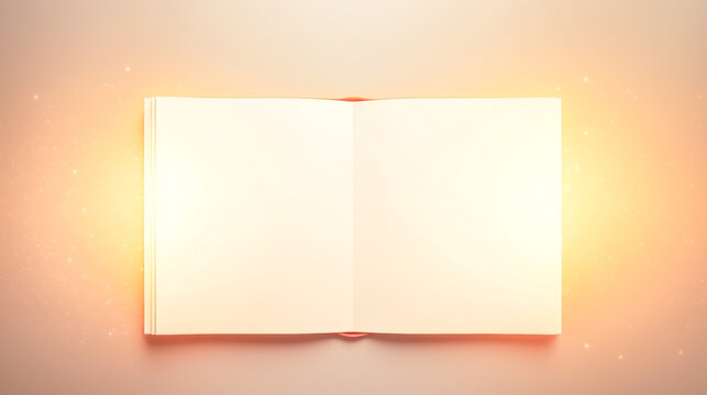 Open white book on a light background, top view.