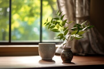 Out-of-focus cup with trees, leaf, vase on table near window. Generative AI