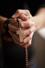 Hands, prayer with beads and worship for religion, trust and spiritual wellness with hope, peace and love. Support, mindfulness and person in Christian faith praying, gratitude and rosary with cross. - obrazy, fototapety, plakaty