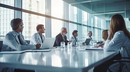 copy space, stockphoto, Medical team interacting at a meeting in conference room. Group of multiracial medical staff having a meeting in a room. Discussion in a meeting room. - obrazy, fototapety, plakaty