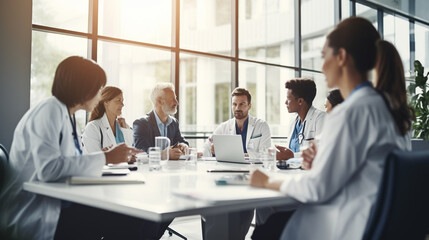 copy space, stockphoto, Medical team interacting at a meeting in conference room. Group of multiracial medical staff having a meeting in a room. Discussion in a meeting room.