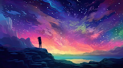 girl on a cliff looks in the colorful starry sky