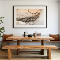 Dining table and rustic wooden bench. Interior design of modern dining room with large art poster frame - Generative AI