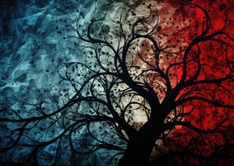 An abstract and experimental image of a tree silhouette against a backdrop of swirling patterns and