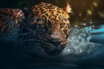 Tuinposter A fierce jaguar swimming in clear flowing water generative ai © Gilang