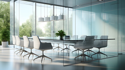 Beautiful photo of a clean and glassed conference room. A large number of glasses show the modernity of this office
