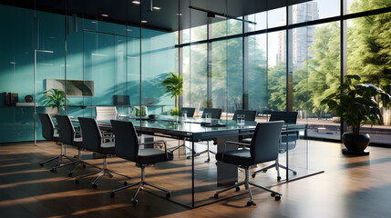 Beautiful photo of a clean and glassed conference room. A large number of glasses show the modernity of this office