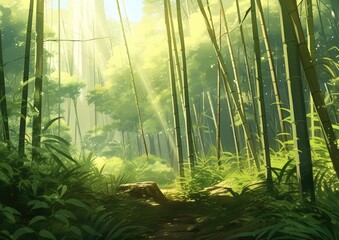 An anime background depicting a tranquil bamboo forest, with tall bamboo shoots swaying gently in