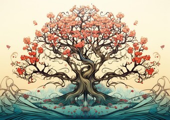 An art nouveau-inspired illustration of a tree with sinuous, flowing branches adorned with