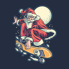skate santa on christmas night vector illustration