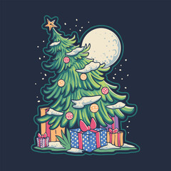 christmas tree with many gift cute illustration