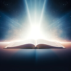 Secret open book with bright light, fantasy book.