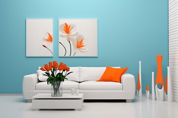 A bright living room with a white sofa, orange accents, and floral picture panels.