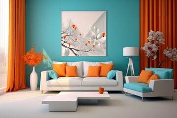 A living room with blue and orange accents, sofas, and an abstract painting on the wall.