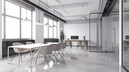 3d rendering modern office interior design with meeting room ,tables ,chairs and desktop.Creative office concept.