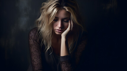 Fototapeta premium Portrait of a young blonde woman sitting on a floor, holding her head. Hopeless and depressed against a textured, cracked wall.