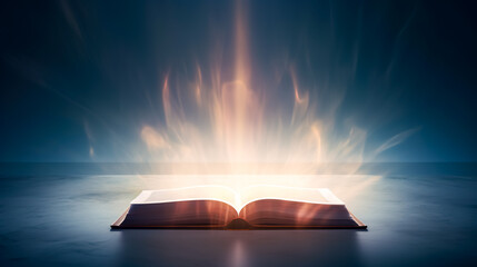 An open magic book with bright sparkling light rays.