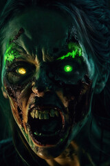 Scary zombie with bloody face outdoors, closeup. Halloween monster, ai generative