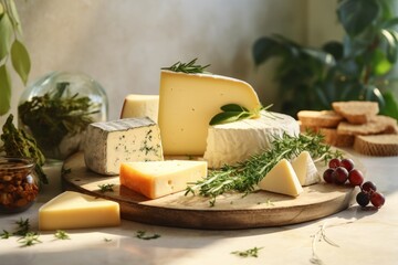 Cheese variety on white table. Many different types of cheeses, a close-up on a wooden board.