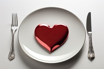Fototapeta na wymiar Heart Shaped Plate, Fork, And Knife