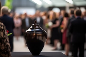 Metal Urn At Funeral With Mourning People In Background - obrazy, fototapety, plakaty