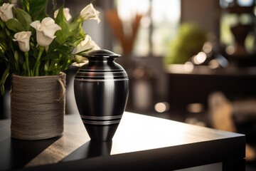 Metal Urn At Funeral With Mourning People In Background. Сoncept Funeral Arrangements, Mourning Procession, Grieving Family, Symbolic Urn, Reflection And Remembrance
