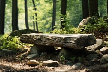 Obraz premium Mockup Of An Old Wood And Stone Bench In Forest Mystery Portal To Another Universe, Concept Of Life After Death
