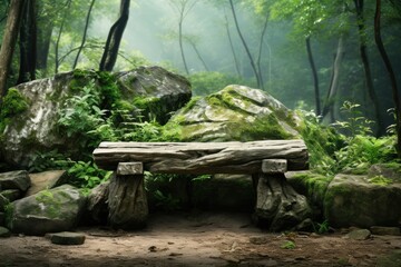 Obraz premium Mockup Of Old Wood And Stone Bench In Forest Backdrop