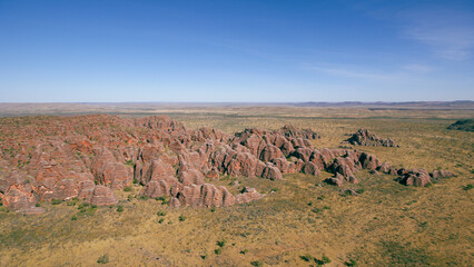 Wide angle aerial view of the famous beehive domes of the Bungle Bungle ranges (Purnululu), Western Australia