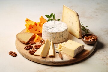 Cheese variety on white table. Many different types of cheeses, a close-up on a wooden board.