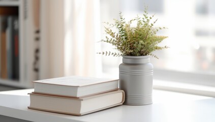 A serene setting of a white ceramic pitcher with dried branches placed next to a stack of books on a neutral backdrop. Ideal for home and interior design themes.