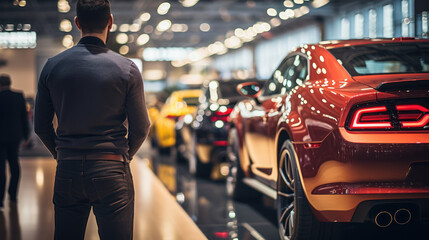People gaze in awe at the cool cars in the showroom