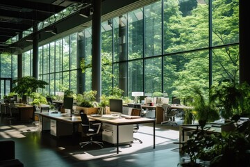 office designed for sustainability and efficiency, nestled within a modern building surrounded by lush greenery. Embrace a work environment that values the planet