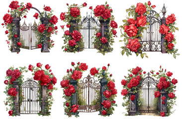 Fototapeta na wymiar Garden gate fence with red rose watercolor illustration clipart. Generative AI.