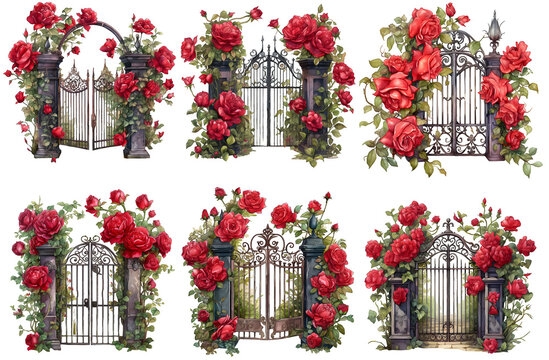 Garden gate fence with red rose watercolor illustration clipart. Generative AI.