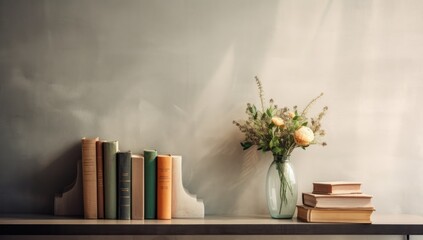 Elegant wooden shelf adorned with a vase holding white flowers, books, and decor items, illuminated by soft afternoon sunlight. Ideal for interior design concepts. - obrazy, fototapety, plakaty