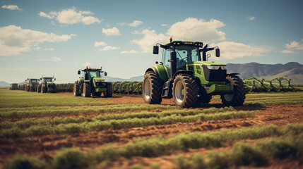 Massive tractors tending to the farm land