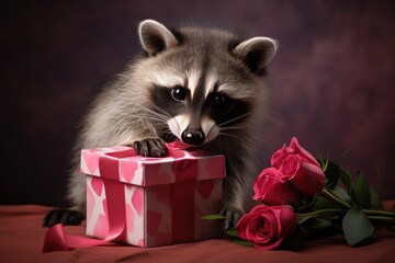 Raccoon Presents Heartshaped Box With Bow And Flower