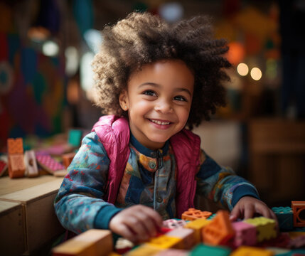A little girl is playing with building blocks with a smile.