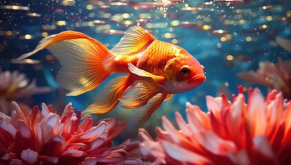 Vibrant goldfish gliding through shimmering waters surrounded by radiant red aquatic flowers. Ideal for aquarium enthusiasts, nature-themed decor, or tranquil settings.