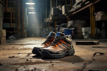 Safety Shoe Ready For Work In Hazardous Factory Setting - obrazy, fototapety, plakaty