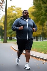 Fototapeta premium Keeping fit and fat burning concept. Middle aged African American man jogging through the empty city park. Be alone with yourself during your morning run and charge your batteries for the whole day.
