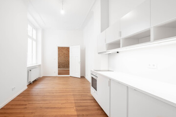 Fototapeta na wymiar build in kitchen or kitchenette in new apartment room