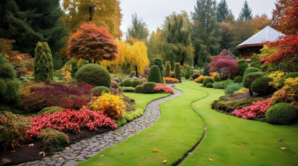Fototapeta na wymiar Peaceful Garden, An example of landscape design with lawn and bushes of different colors
