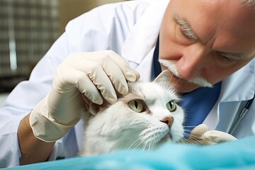 Veterinarian with gloves examining white cat on clinical table. Veterinary examination and feline health.
