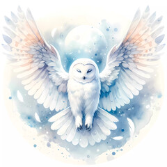 Watercolor painting of an elegant white owl in flight, surrounded white space background Hedwig Magical