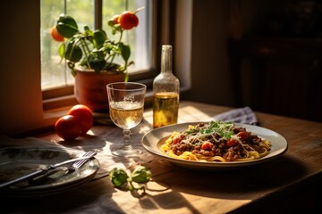 Spaghetti bolognese on the table in the kitchen near the window
