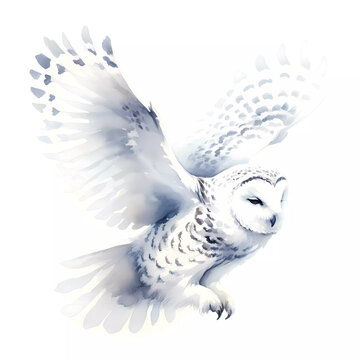 Watercolor painting of an elegant white owl in flight, surrounded white space background Hedwig Magical