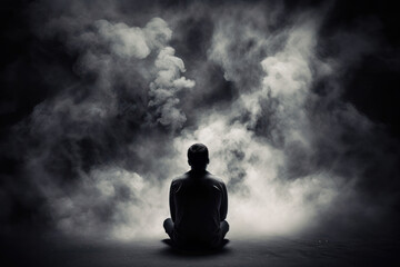Obraz premium Solitude Amidst the Storm: A lone figure enveloped by swirling mists, symbolizing introspection and the search for clarity amidst confusion.